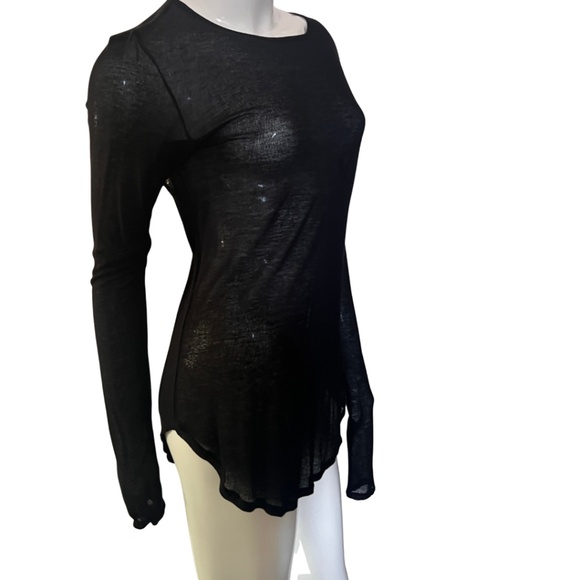 J Brand Sheer Black Long Sleeve Round Neck Top with Shirtail Hem - Medium - Picture 4 of 12